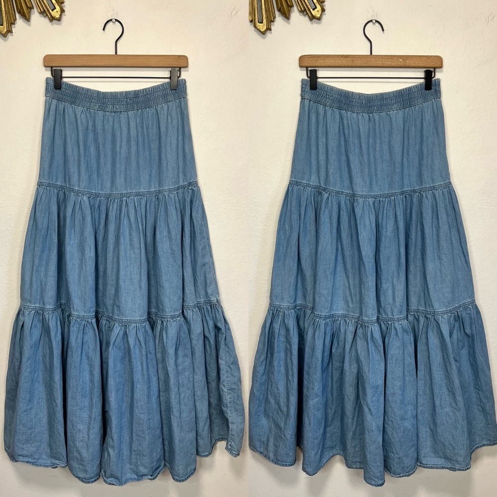 Zara Chambray Denim Tiered Maxi Skirt